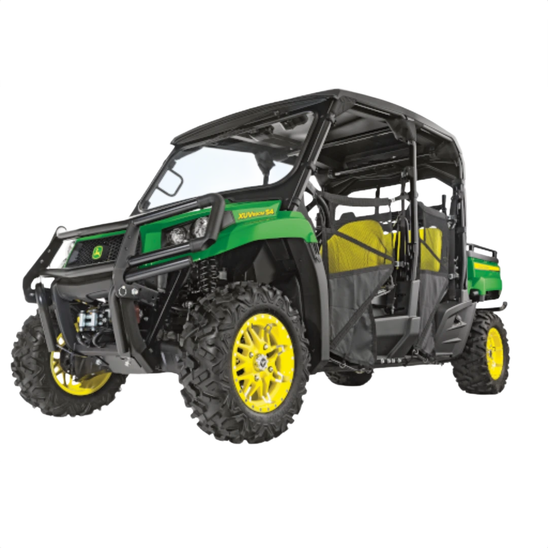 Green and yellow John Deere utility vehicle with four seats, protective frame, and rugged tires for outdoor work tasks
