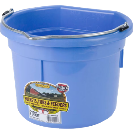 Blue plastic flat back bucket with metal handle for home improvement and tool use, 8-quart capacity