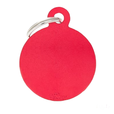 Large red round identification tag with metal keyring for organizing and labeling in home and tool settings
