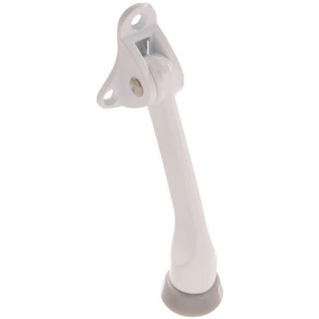 White metal kickdown door stop with rubber tip for secure door hold in home improvement and hardware collections
