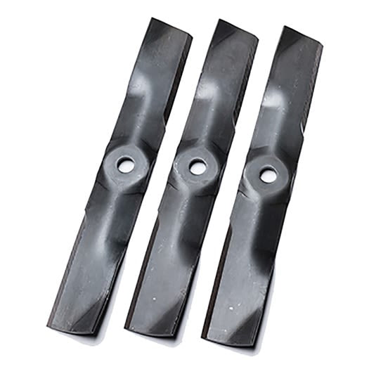 Set of three black metal lawn mower blades with central mounting holes for home improvement and outdoor tools