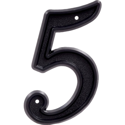 Matte black plastic house number 5 with pre-drilled mounting holes for easy installation in home improvement projects