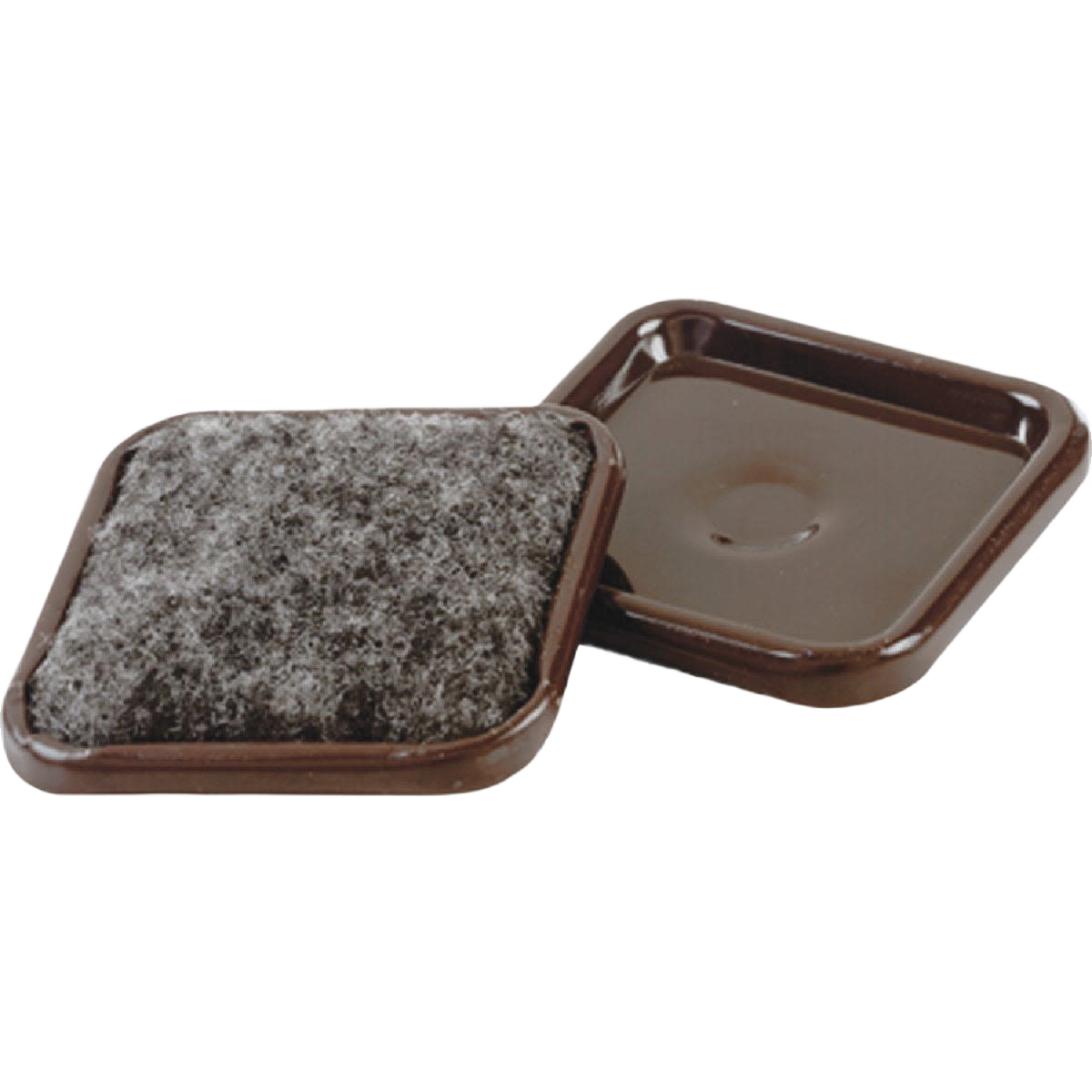 Set of two square brown furniture leg cups with felt pads for hardwood floor protection and furniture stability