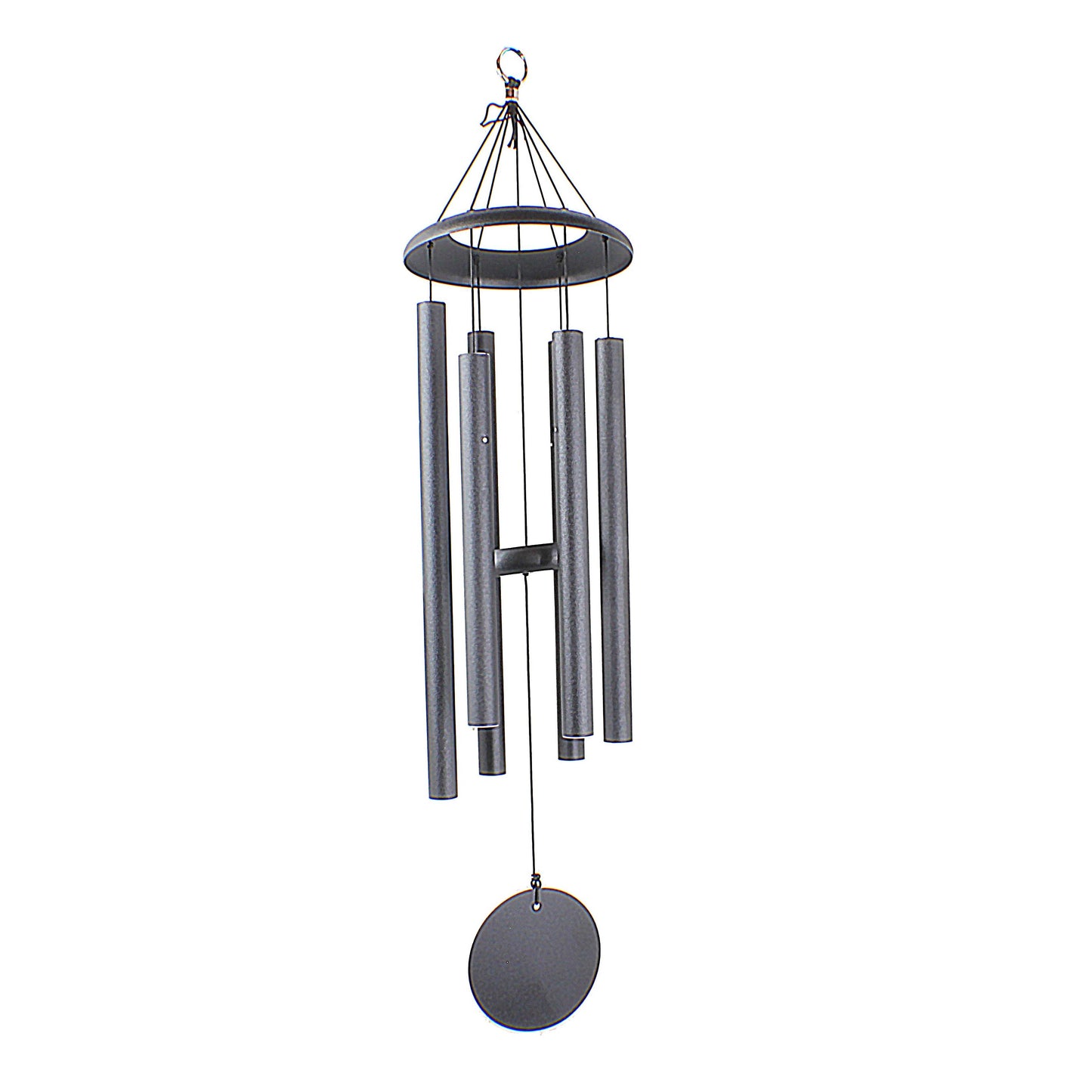 Black metal wind chimes with five tubular bells and a circular striker for outdoor home decor and improvement