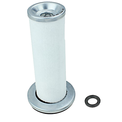 White cylindrical secondary air filter with metal end caps and a small black rubber gasket for tools and home improvement.