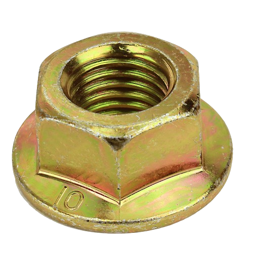 Yellow zinc-plated metal flange nut with internal threading for home improvement and John Deere parts collections