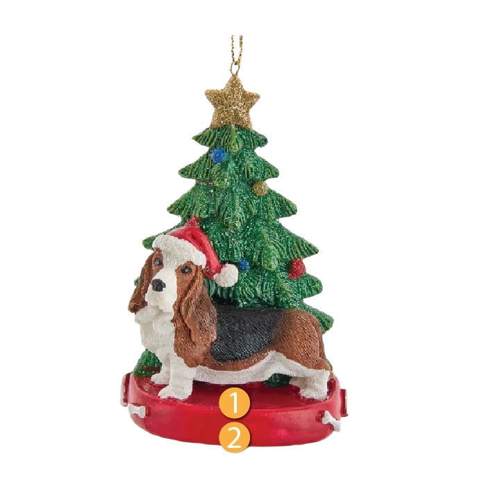 Personalized bassett hound ornament with Santa hat and decorated Christmas tree for holiday collections under $50