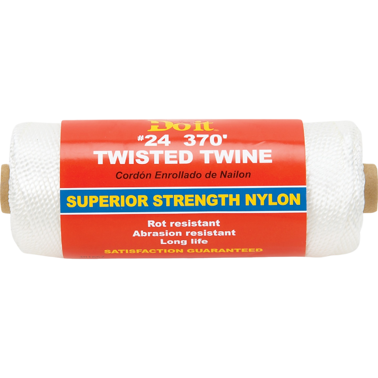 White nylon twisted twine with red and blue label highlighting superior strength, rot and abrasion resistance for home improvement use