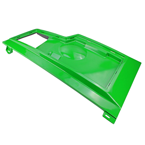 Green left side panel replacement part compatible with John Deere equipment, featured in parts and lubricants collection