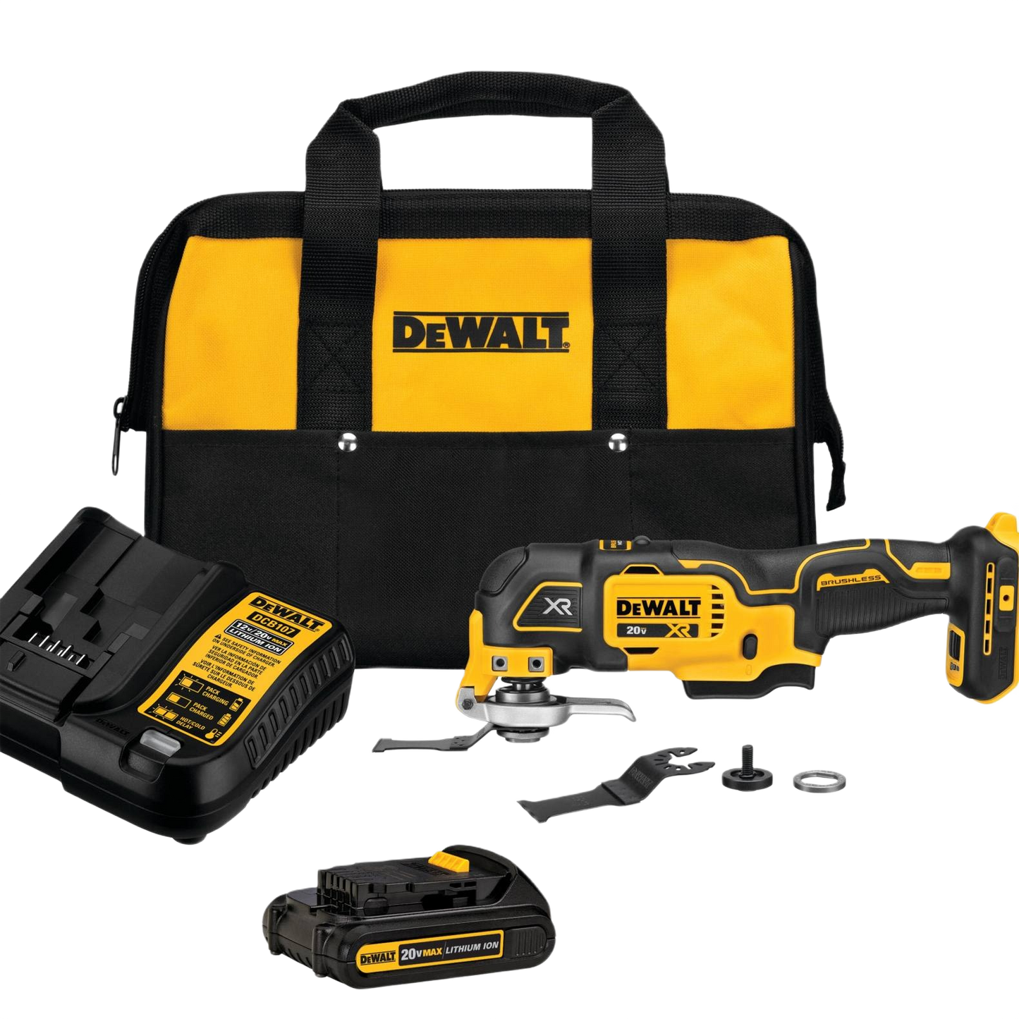 Cordless oscillating multi-tool kit with battery, charger, attachments, and yellow-black carry bag for home improvement tasks