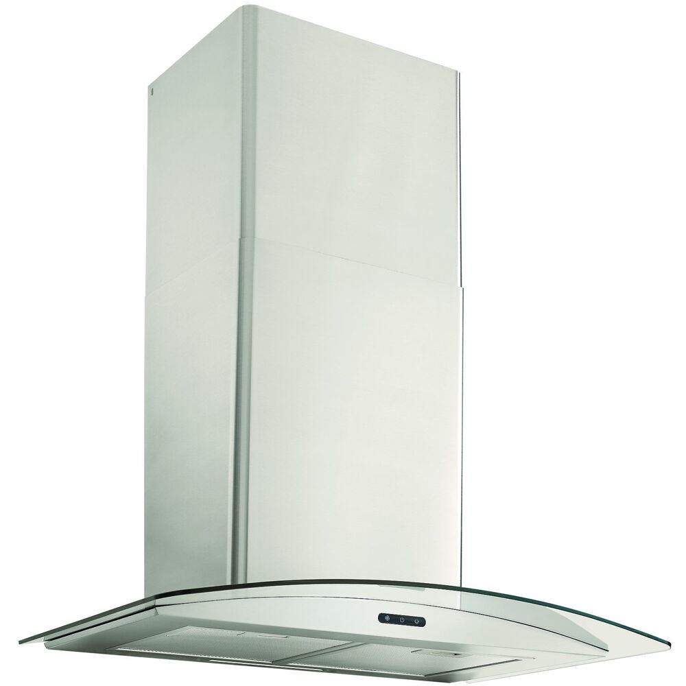 36-inch stainless steel curved glass chimney hood with electronic controls for sleek kitchen ventilation and style