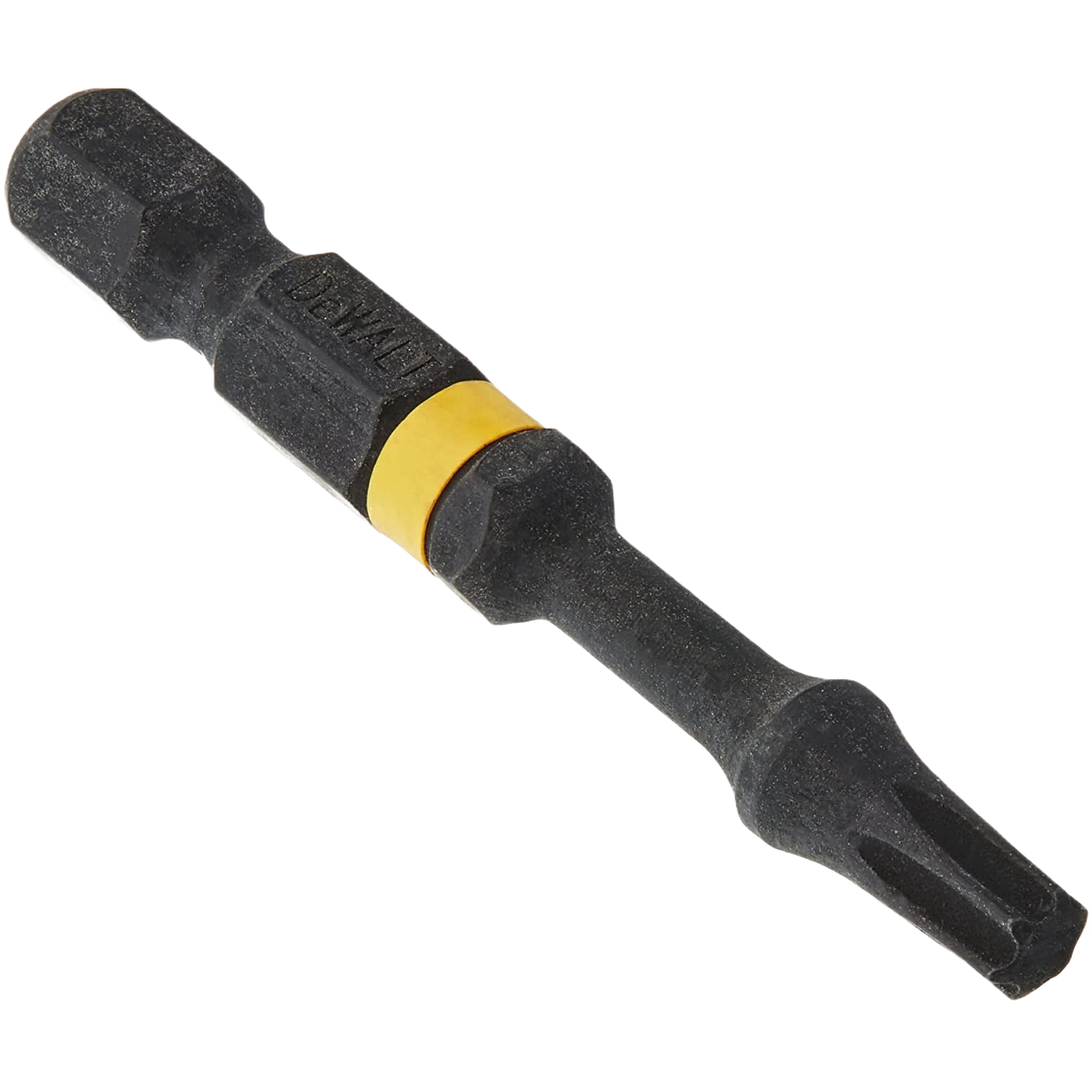 Black DEWALT impact screwdriving bit with yellow band designed for high-torque power tool accessories and home improvement tasks