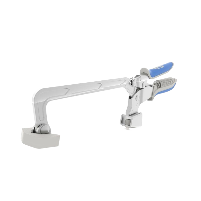 Gray and blue 6-inch bench clamp with ergonomic handles for secure gripping in home improvement projects