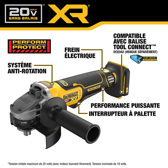 Yellow and black cordless 20V MAX XR brushless angle grinder with anti-rotation system for tools and home improvement tasks