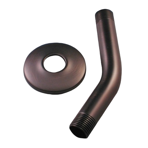 Oil rubbed bronze curved shower arm with threaded ends and matching flange for home improvement projects