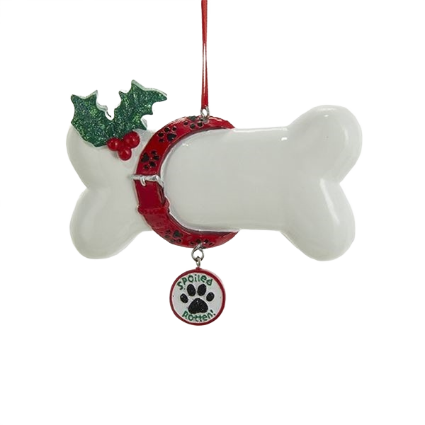 White dog bone Christmas ornament with red collar, holly decoration, and spoiled rotten paw charm hanging tag
