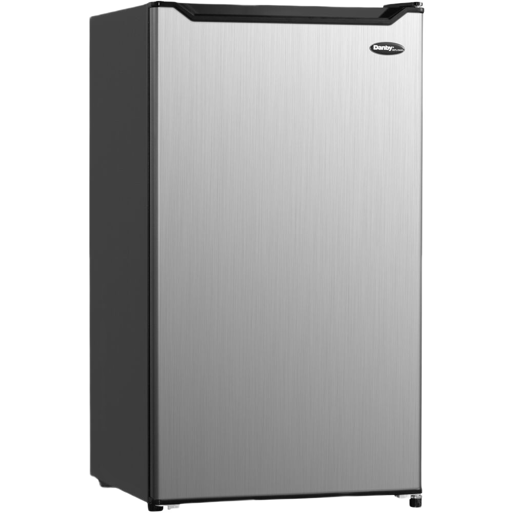 Compact brushed stainless steel refrigerator with reversible door hinge in kitchen and appliances collection
