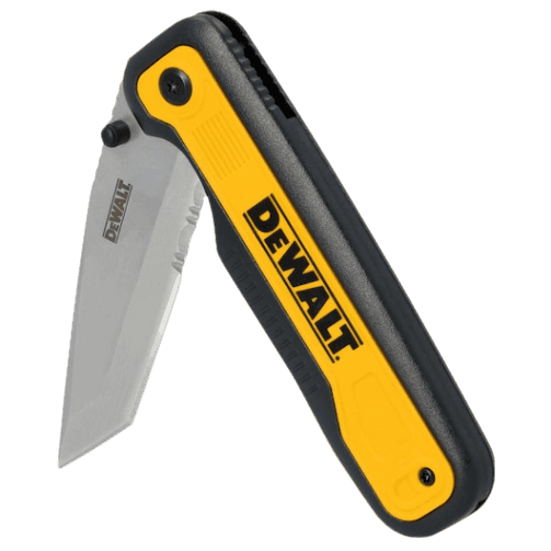 Black and yellow folding pocket knife with stainless steel tanto blade for woodworking and cutting tools collections