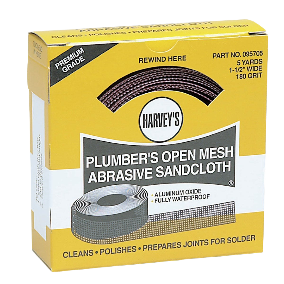Yellow packaging for plumber’s open mesh abrasive cloth with aluminum oxide and waterproof features in plumbing tools collection