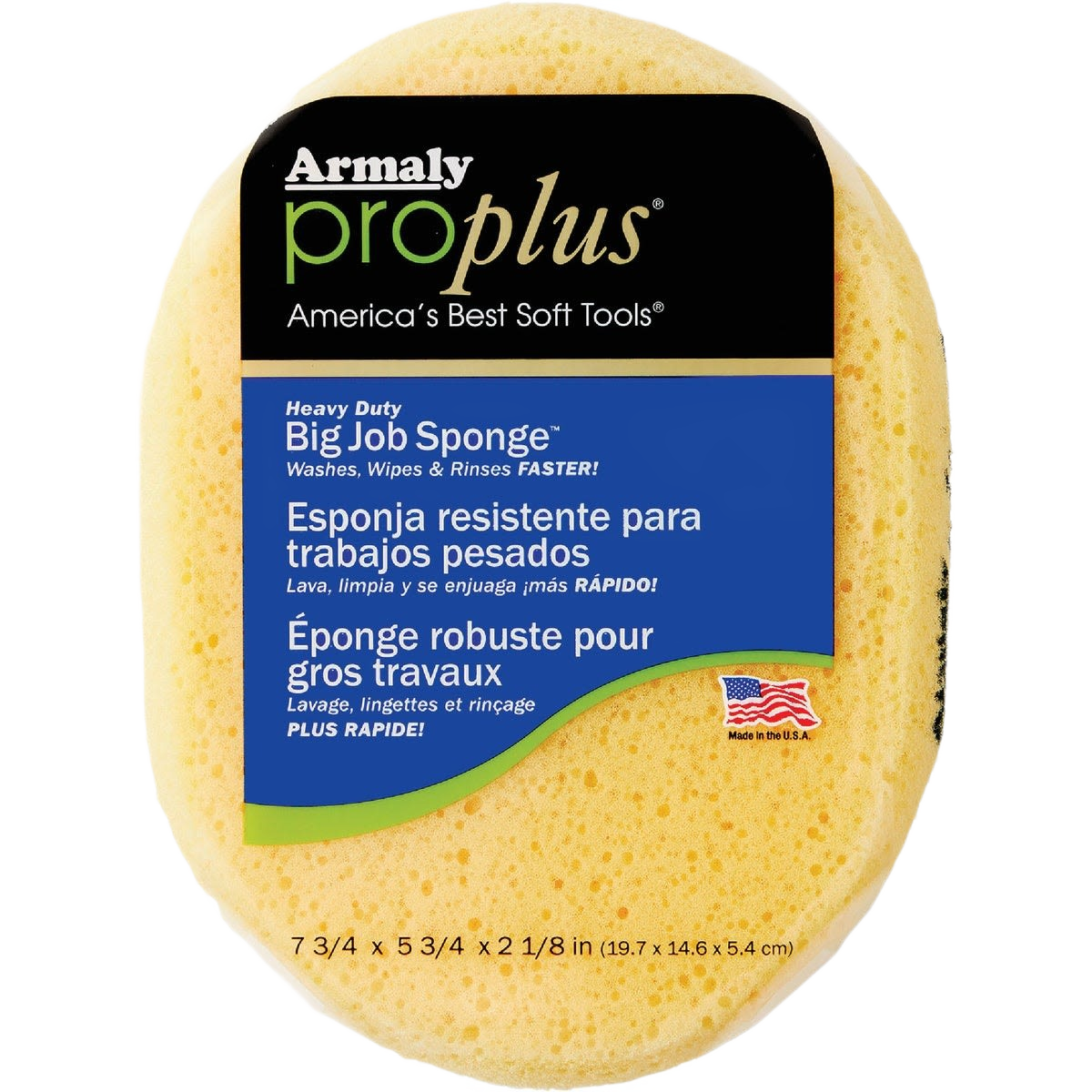 Heavy-duty yellow cleaning sponge with packaging highlighting fast washing and multi-language durability claims under $50 cleaning tools