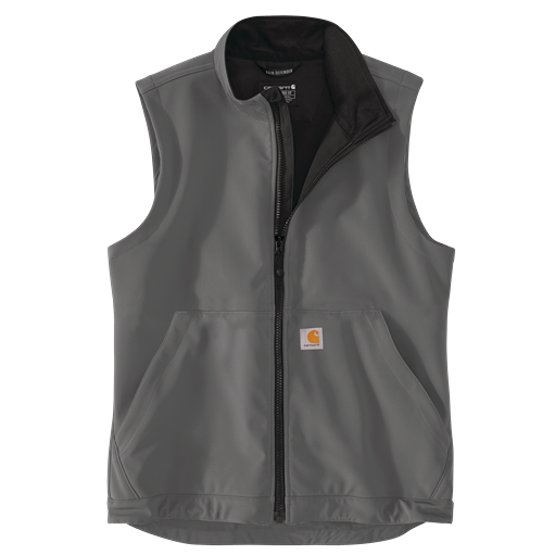 Men's gray softshell vest with front zipper and dual hand pockets for outdoor and workwear use