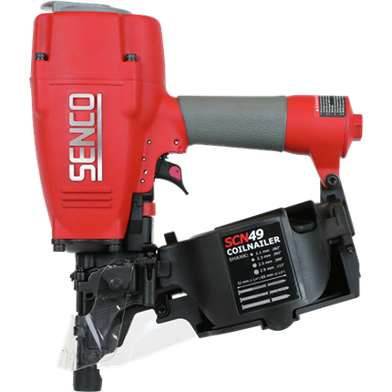 Red and gray pneumatic coil nailer designed for siding installation, part of rental fastening and woodworking tools at Hartville Hardware.