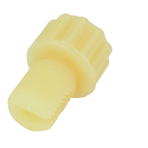 Cream-colored plastic fuel filter drain plug with threaded base for tools and home improvement use
