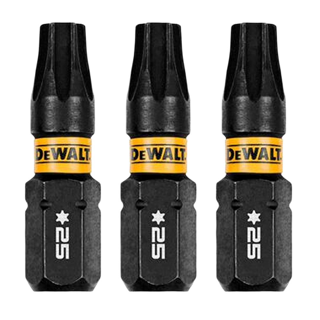 Set of three black and yellow T25 drill bits for power tool accessories in Dewalt’s tool accessories collection under $50
