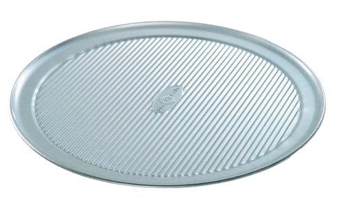 Round commercial-grade pizza pan with raised ridges for even heat distribution in kitchenware and bakeware collection