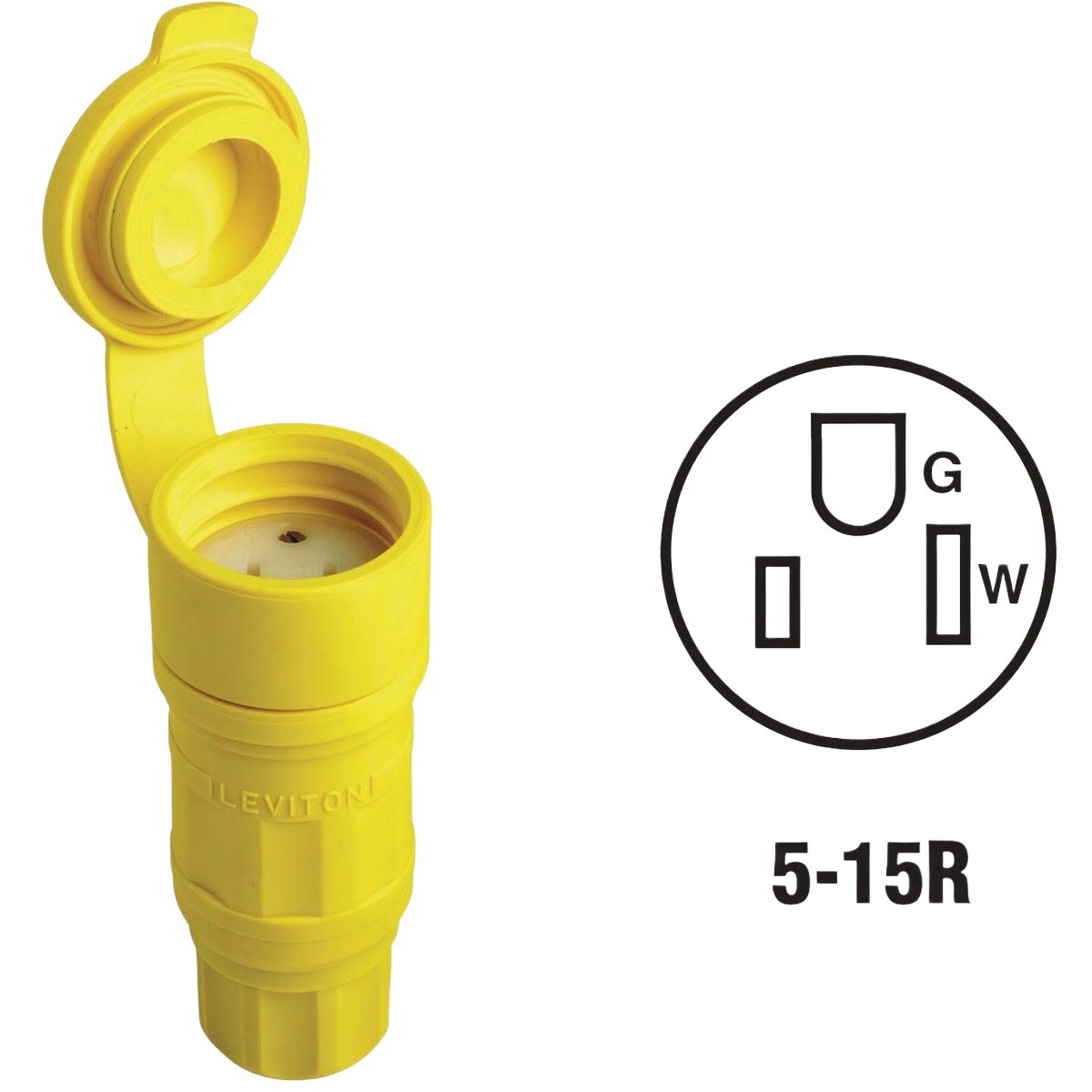 Yellow Wetguard cord connector with protective cover and grounding prong for tools and home improvement use