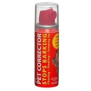 Red spray can of pet corrector for deterring unwanted barking with clear safety cap for training pets