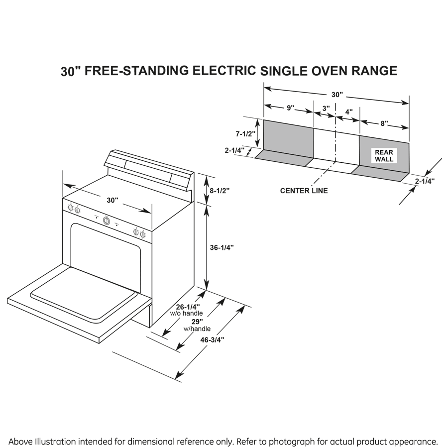 Technical line drawing showing dimensions and installation clearances for a 30-inch free-standing electric range.