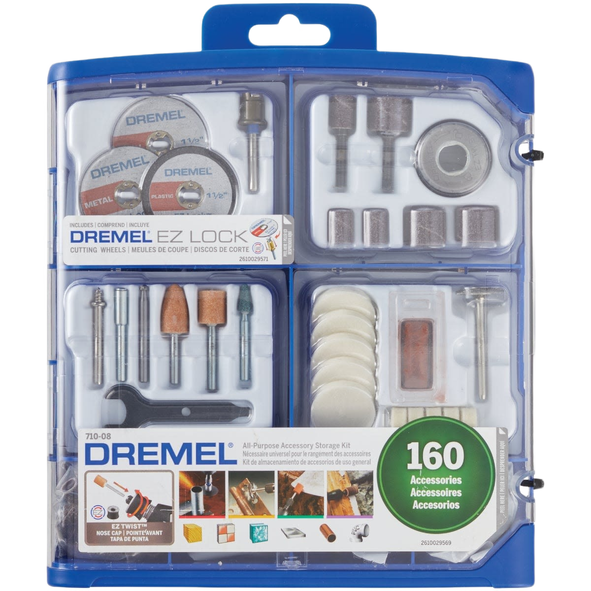 Comprehensive 160-piece rotary tool accessory set with cut-off wheels, sanding bands, polishing pads, and storage case for tool accessories collections