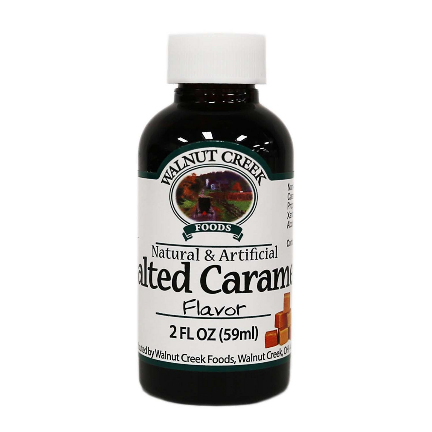 Dark bottle of salted caramel flavoring with white cap for grilling sauces and spices in food and beverage collection