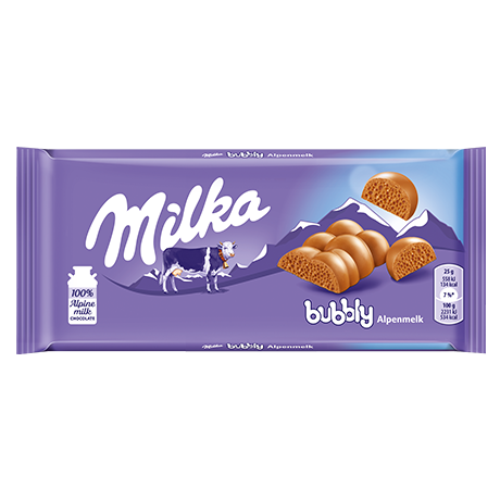 Purple Milka bubbly milk chocolate bar with Alpine milk and airy textured chocolate pieces in candy and food collections