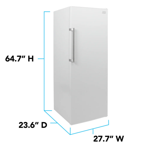 White upright freezer with stainless steel handle and dimensions labeled in Freezers & Ice Makers collection