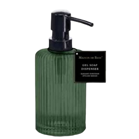 Green ribbed glass soap dispenser with black pump for stylish home and bathroom use