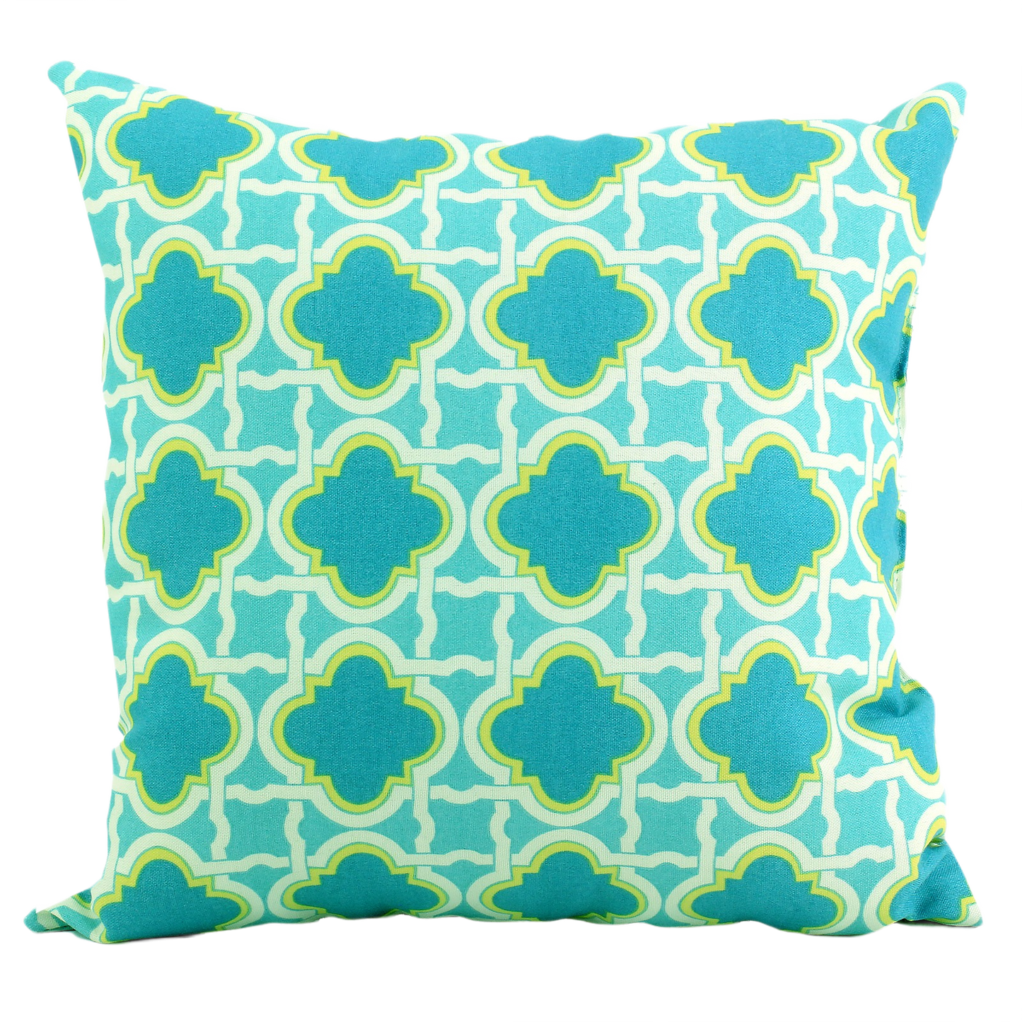 Square outdoor cushion with turquoise and lime green geometric pattern for patio furniture and outdoor living spaces