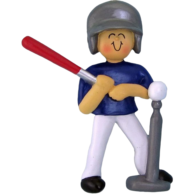 Smiling boy figurine in helmet and blue shirt holding red bat ready to hit white ball on tee for Christmas tree décor