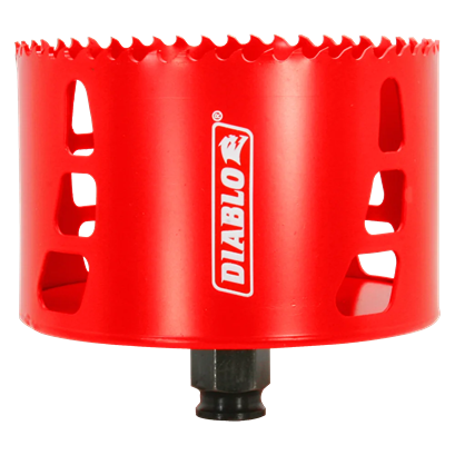 Red metal 4-inch hole saw with sharp teeth and ventilation slots for clean cutting in home improvement projects
