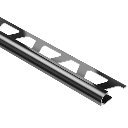 Bright black anodized aluminum edge trim profile with perforated anchoring leg for tile corner protection in flooring projects