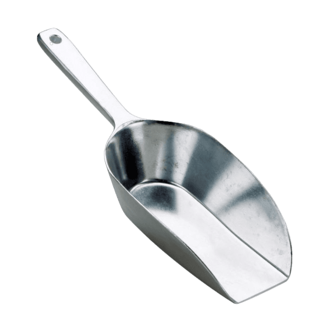 Stainless steel flat bottom utility scoop with long handle for food handling and kitchen use