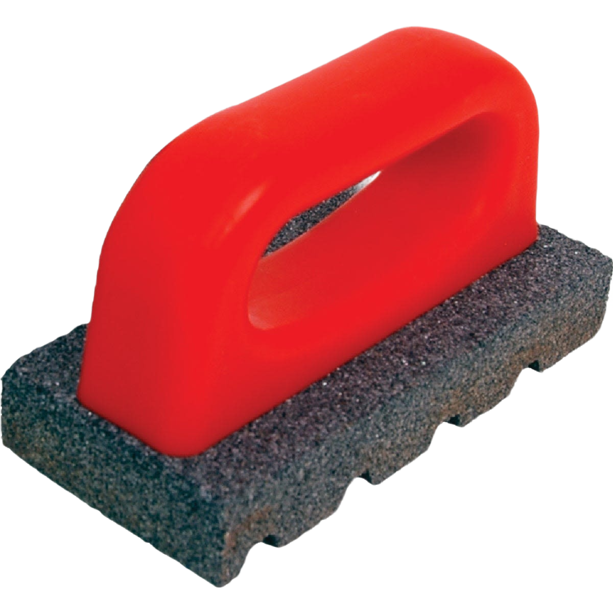 Gray abrasive rubbing brick with large red plastic handle for tools and home improvement tasks