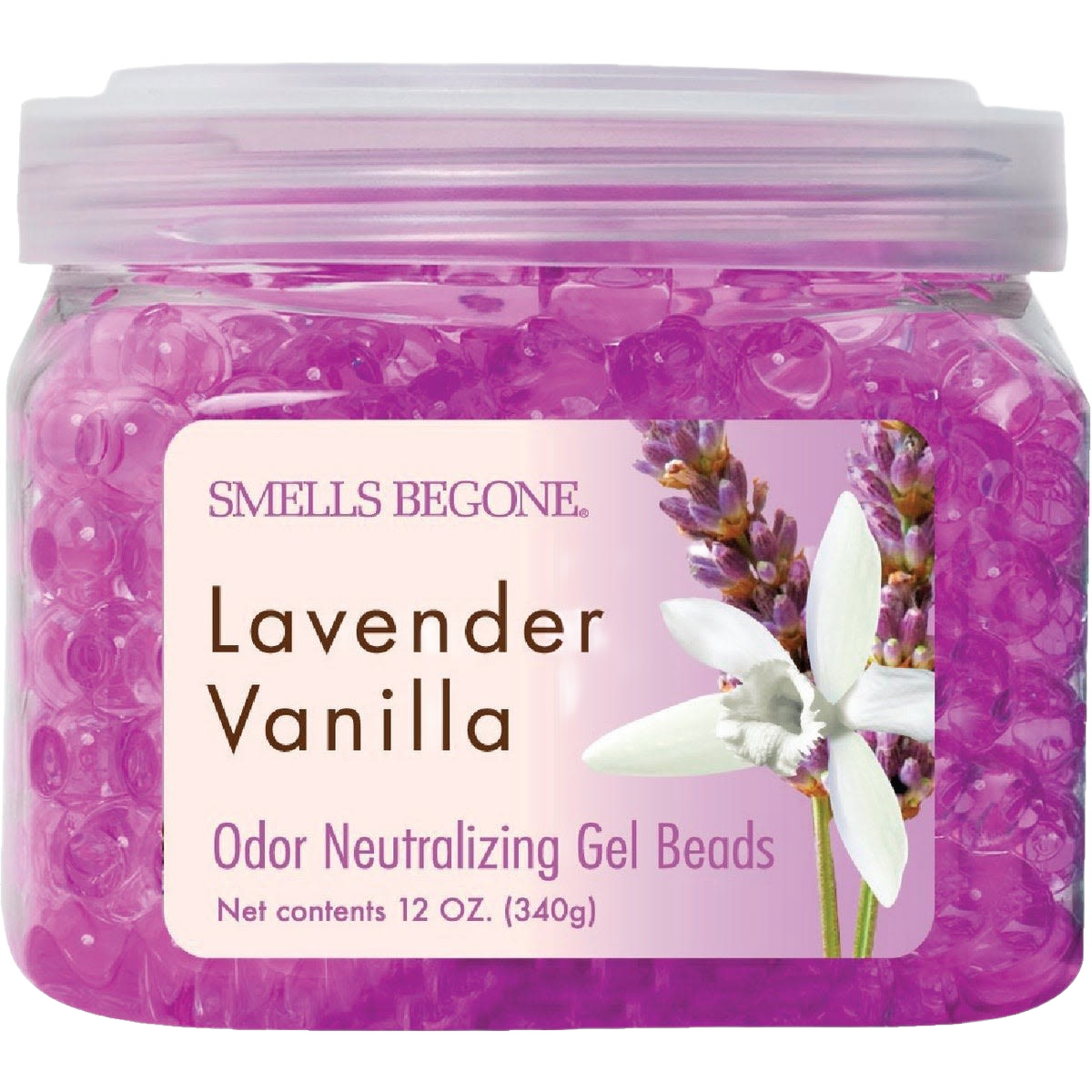 Clear plastic jar filled with purple gel beads labeled lavender vanilla odor neutralizer for household cleaning use