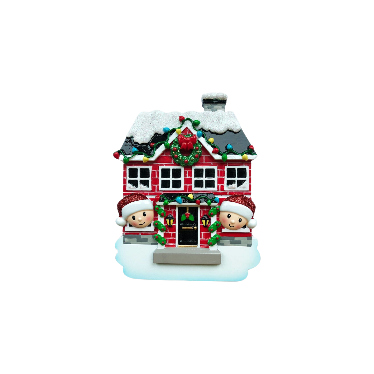 Red brick new house ornament with two smiling figures in Santa hats for Christmas Ornaments & Tree Decorations collection