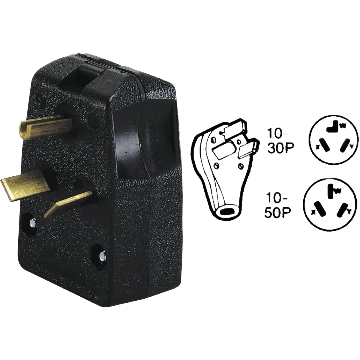 Black 3-wire electrical plug adapter for 30A and 50A range or dryer cords in home improvement and electrical collections