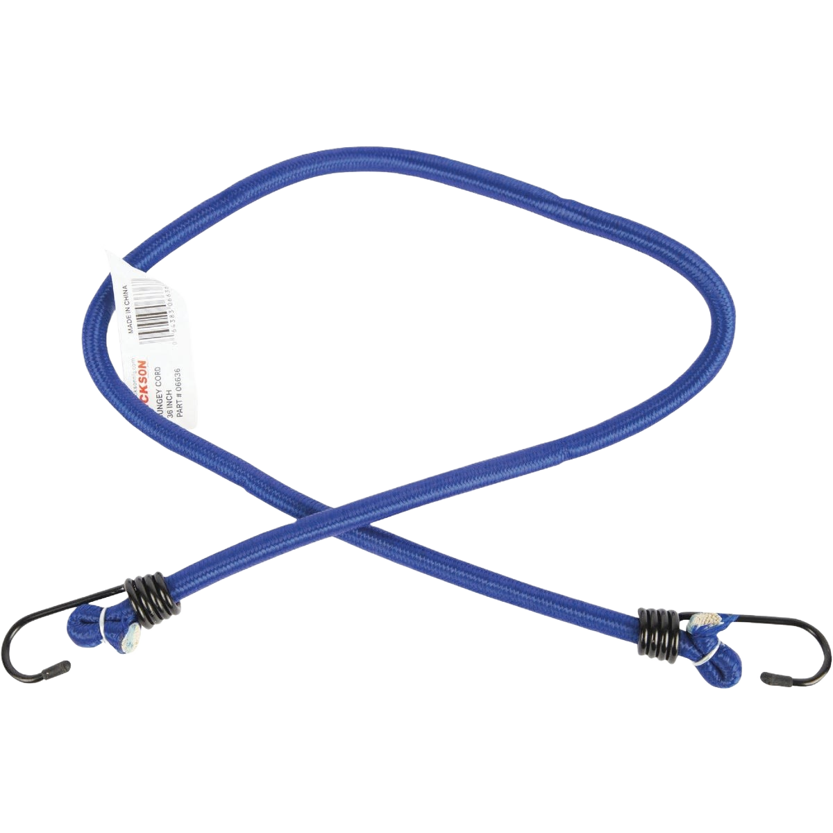 Blue elastic bungee cord with metal hooks on each end for secure fastening in home improvement tasks