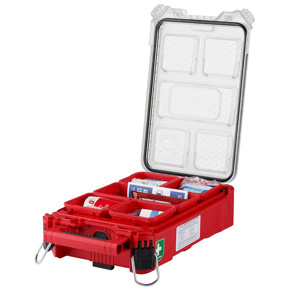 Red PACKOUT™ first aid kit with transparent lid and organized compartments for tools and home improvement safety supplies