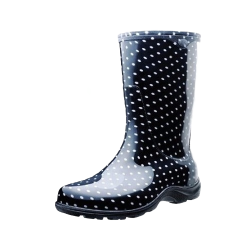Black rain boot with white polka dot pattern and durable sole designed for wet weather and outdoor use