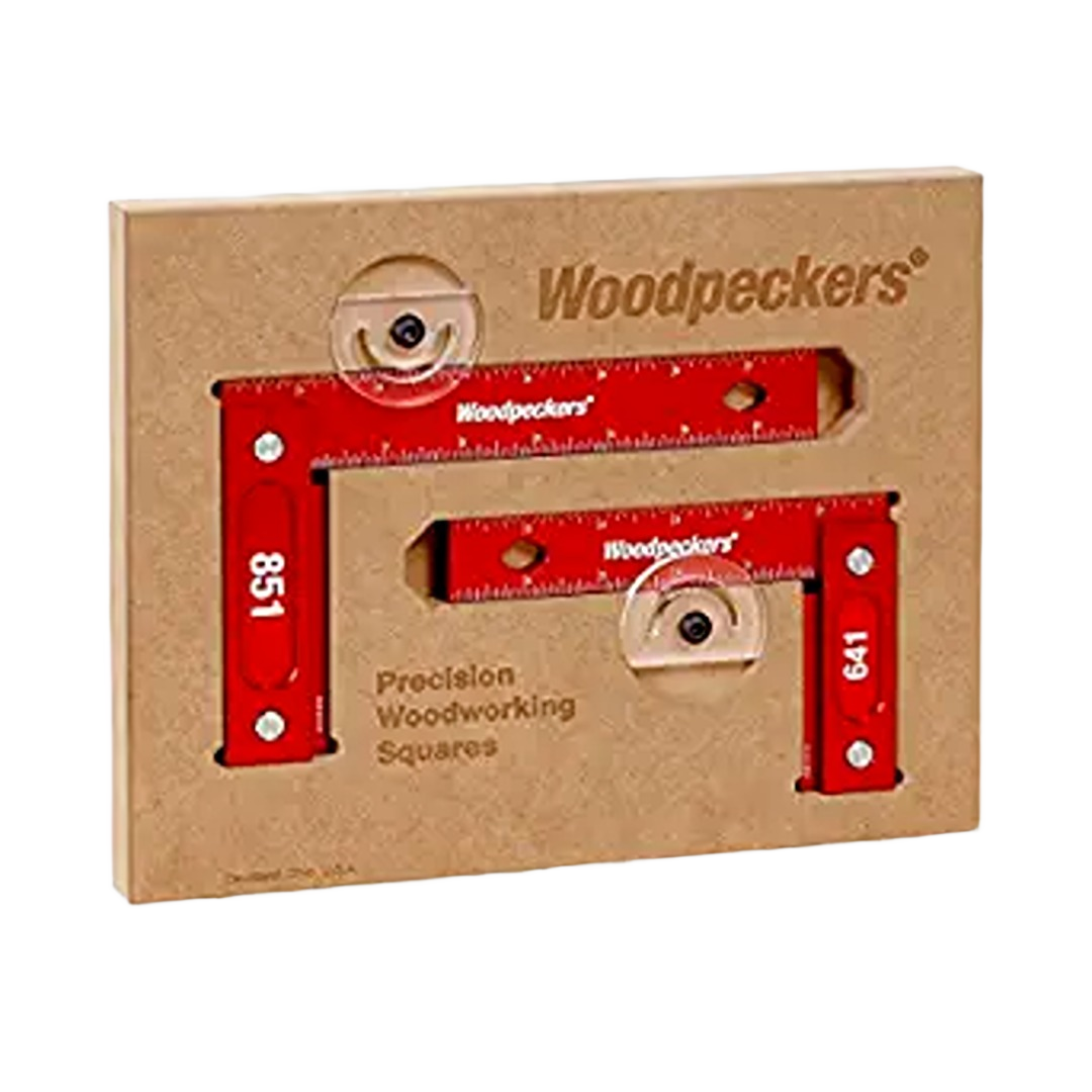Set of red aluminum precision squares with integrated bubble levels for woodworking in hand and measuring tools collections